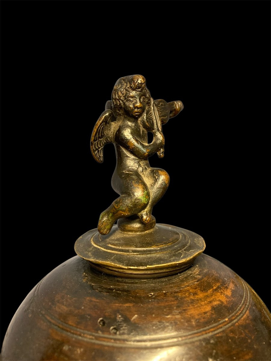 XVI secolo - Venezia - Pisside in Legno tornito, inciso e dorato con Putto che suona la lira-photo-4