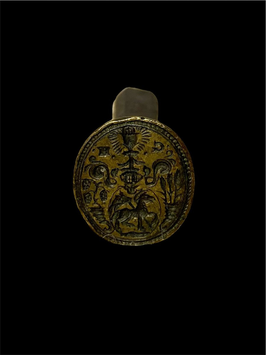 XVII secolo - Bronzo - Sigillo con Agnus Dei, Eucaristia e cornucopie con uva e grano-photo-2
