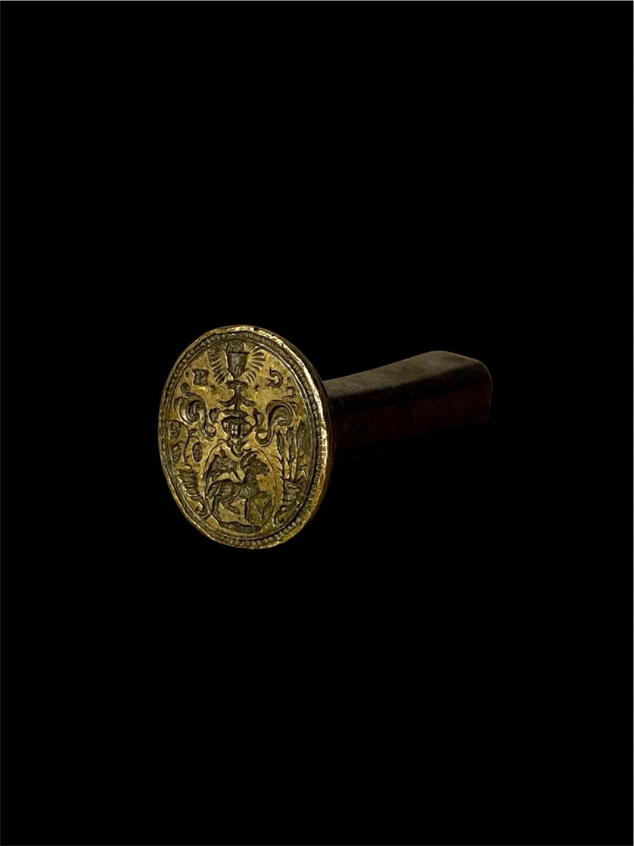 XVII secolo - Bronzo - Sigillo con Agnus Dei, Eucaristia e cornucopie con uva e grano-photo-3