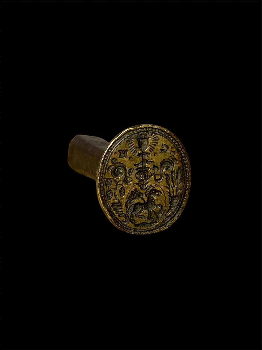 XVII secolo - Bronzo - Sigillo con Agnus Dei, Eucaristia e cornucopie con uva e grano-photo-4