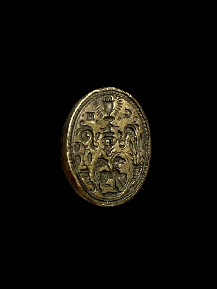 XVII secolo - Bronzo - Sigillo con Agnus Dei, Eucaristia e cornucopie con uva e grano-photo-3