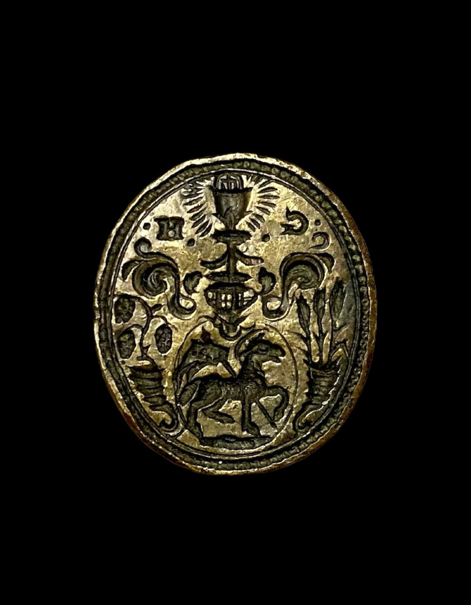 XVII secolo - Bronzo - Sigillo con Agnus Dei, Eucaristia e cornucopie con uva e grano