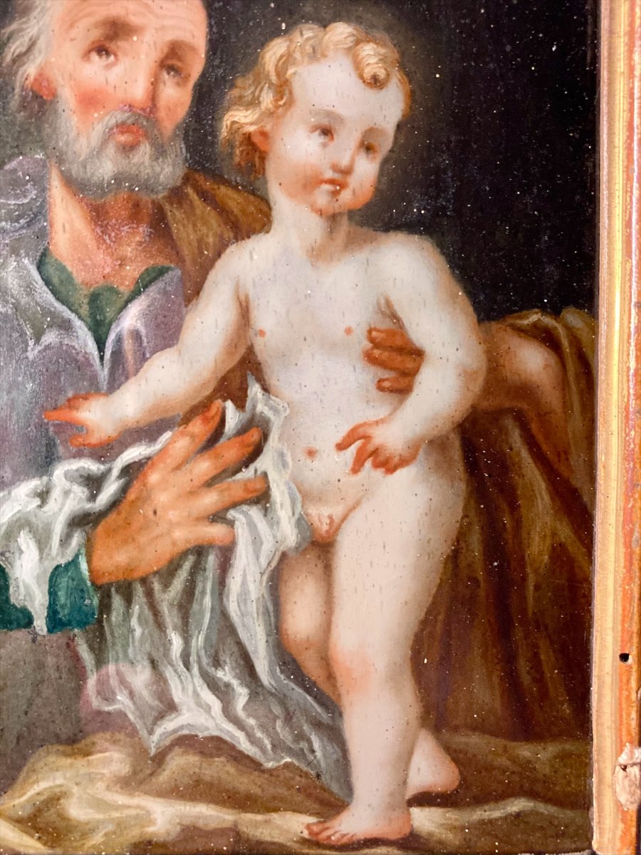 XVIII secolo - Olio sotto vetro - San Giuseppe e il Bambino-photo-1