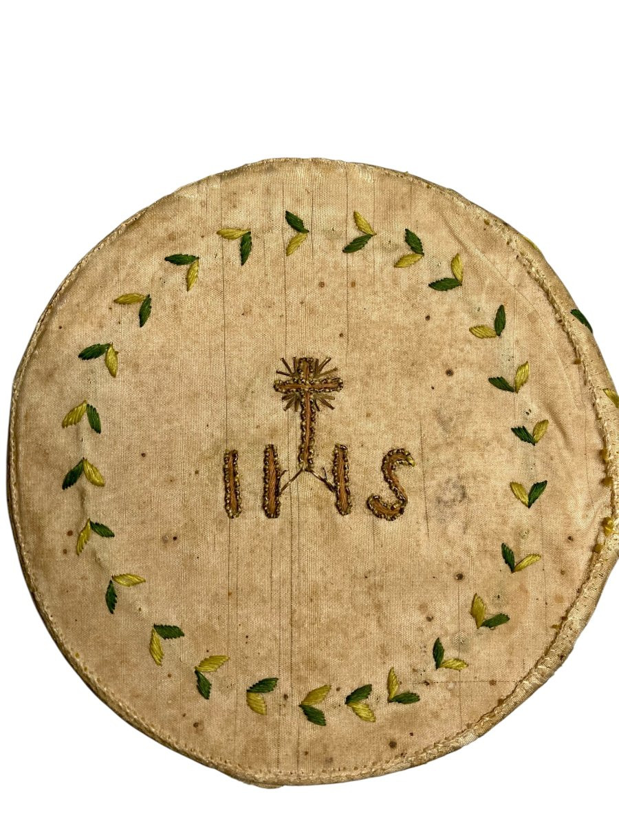 Fine XVIII sec. - Seta ricamata e carta - Scatolina porta ostie-photo-2