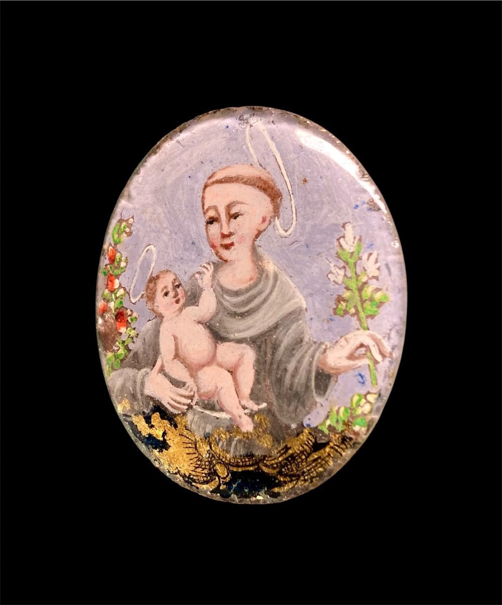 XVIII secolo - Sant'Antonio - Miniatura sotto vetro a fondo oro-photo-3