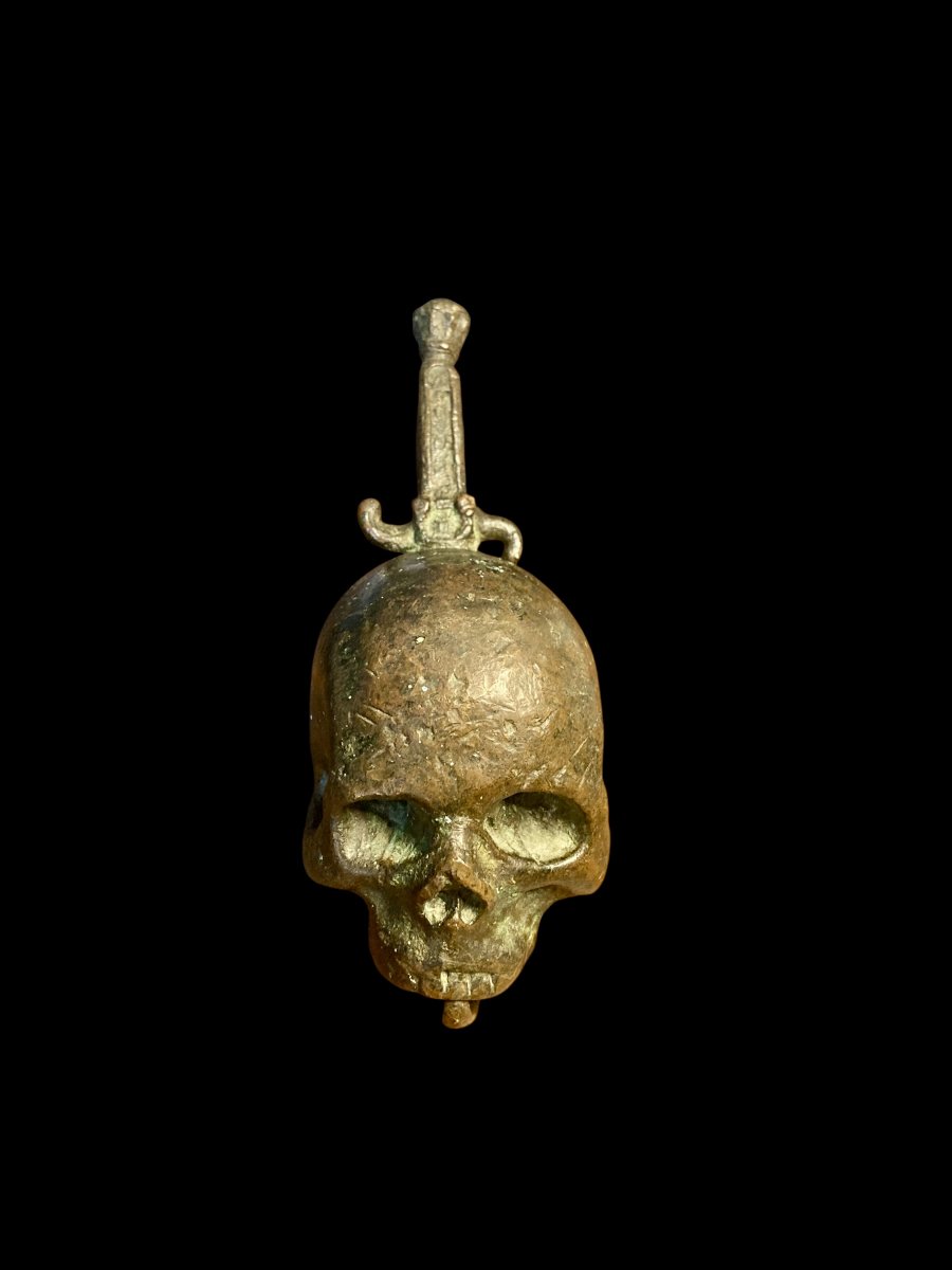 Italia settentrionale - XVII sec. - Teschio Memento Mori in bronzo trafitto da una daga-photo-7