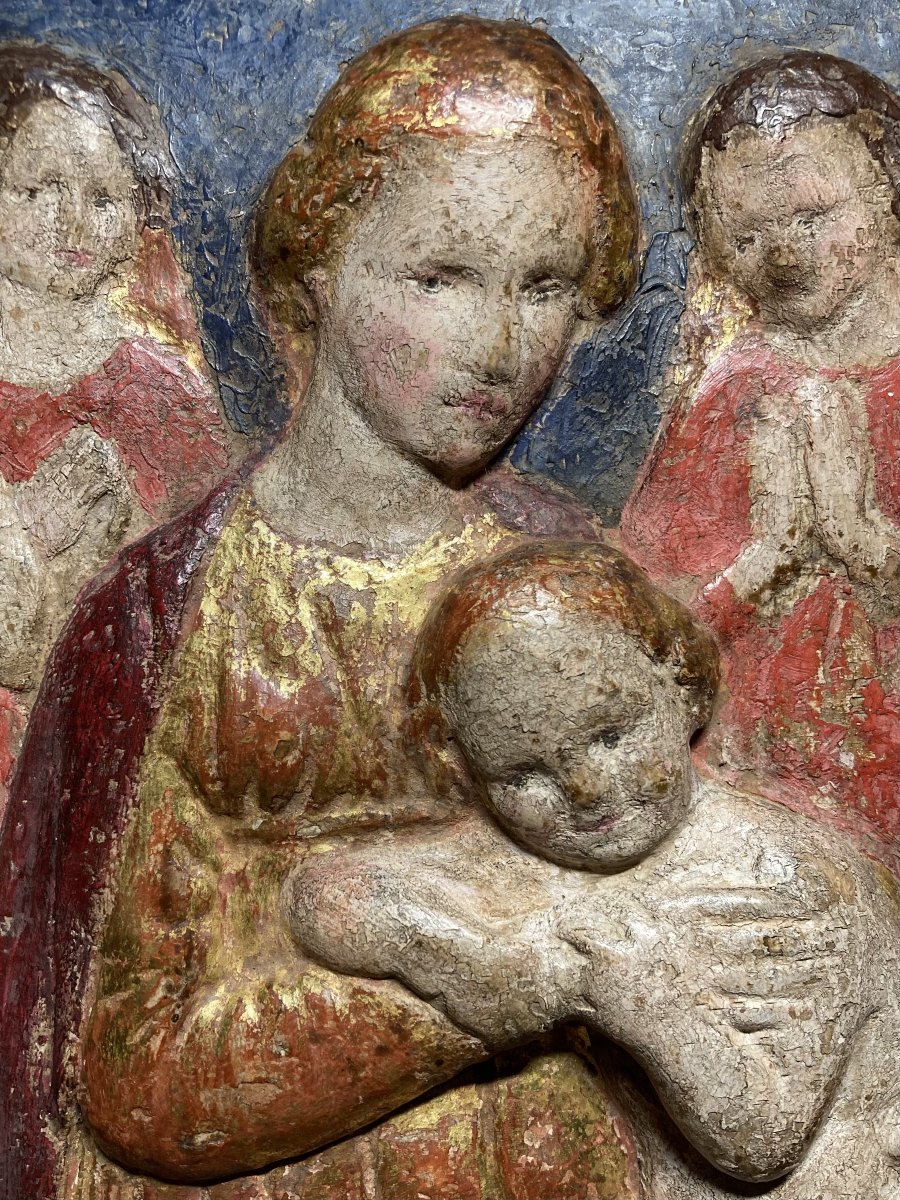 Bottega dei Della Robbia - Metà del XV sec. - Bassorilievo in stucco policromo e dorato -photo-4