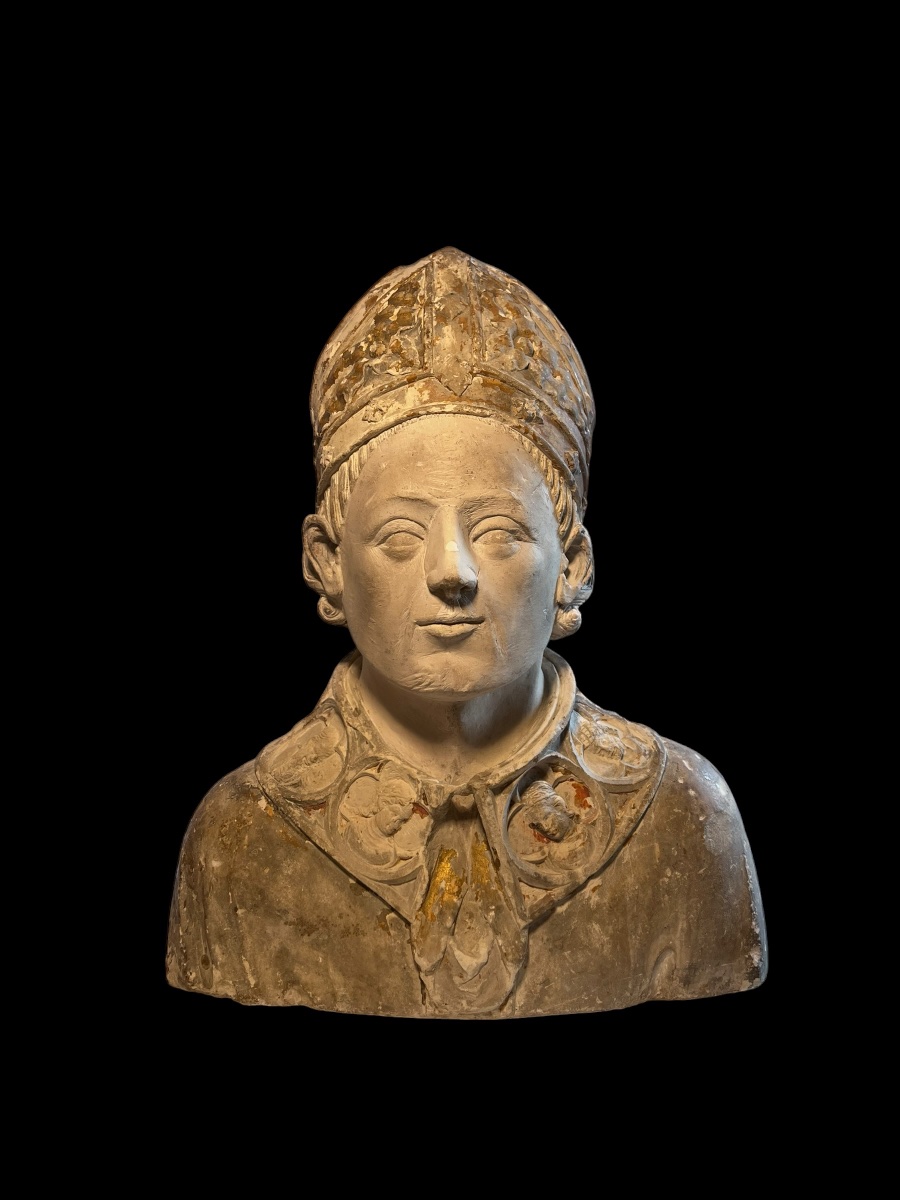 Francia (Champagne) - II metà del XIV sec. - Busto di Santo Vescovo in pietra calcarea-photo-2