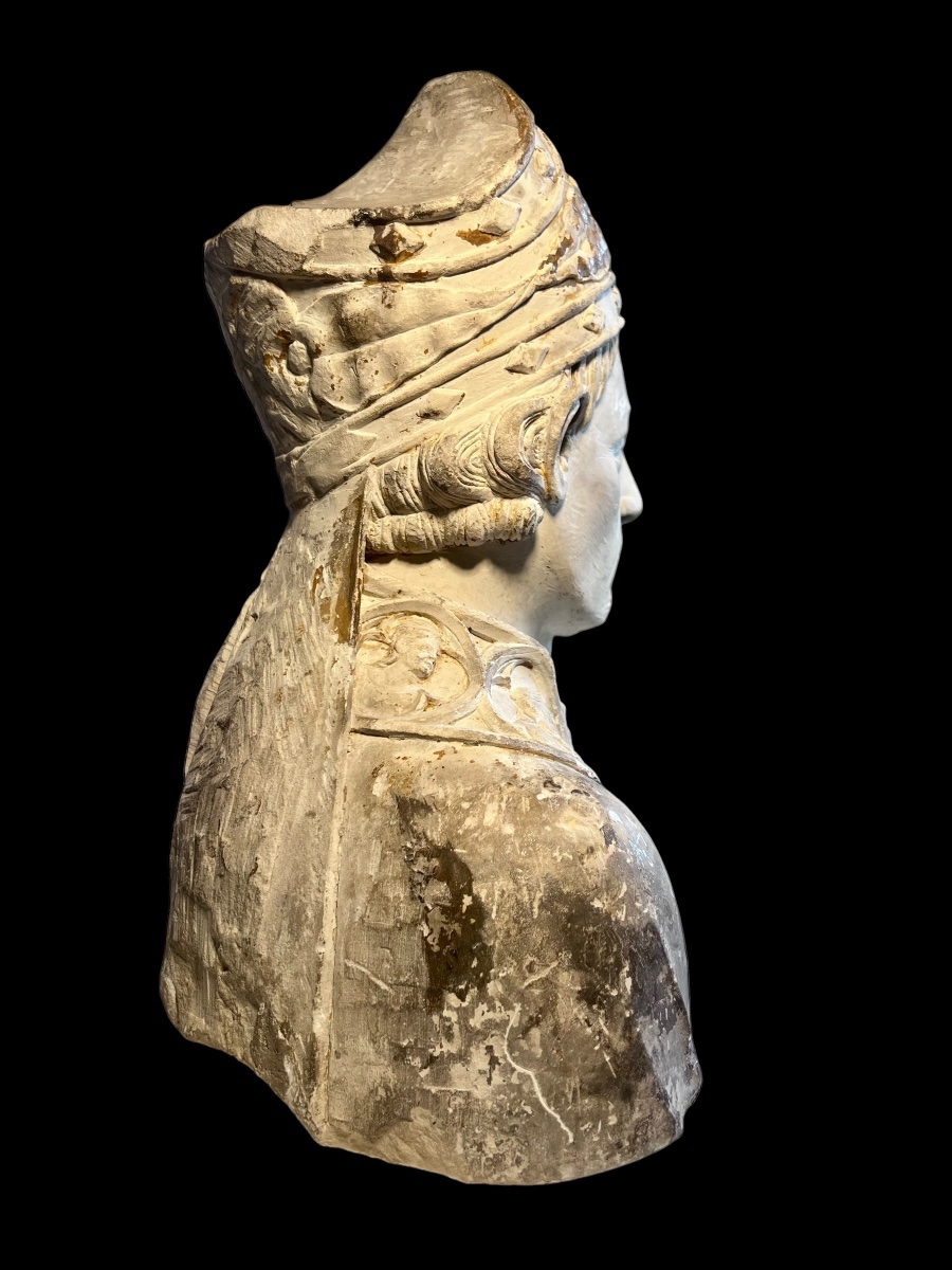 Francia (Champagne) - II metà del XIV sec. - Busto di Santo Vescovo in pietra calcarea-photo-3