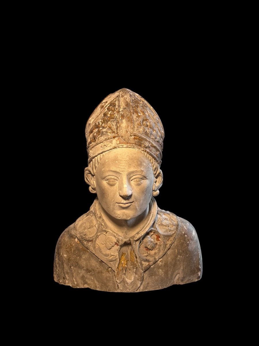 Francia (Champagne) - II metà del XIV sec. - Busto di Santo Vescovo in pietra calcarea-photo-4