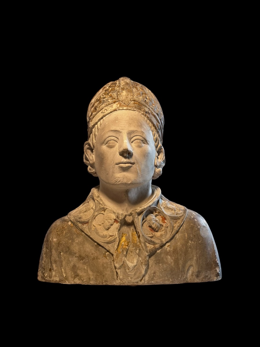 Francia (Champagne) - II metà del XIV sec. - Busto di Santo Vescovo in pietra calcarea-photo-1