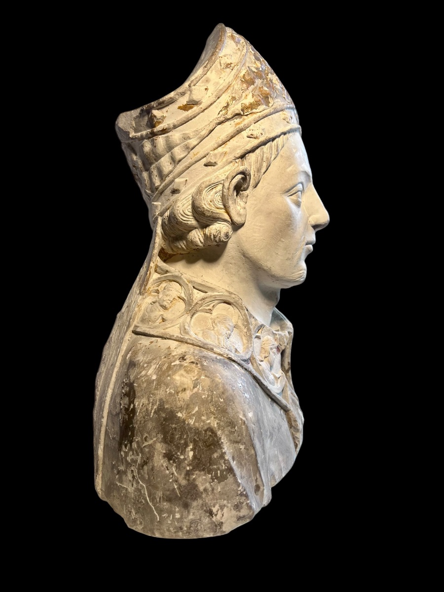 Francia (Champagne) - II metà del XIV sec. - Busto di Santo Vescovo in pietra calcarea-photo-2