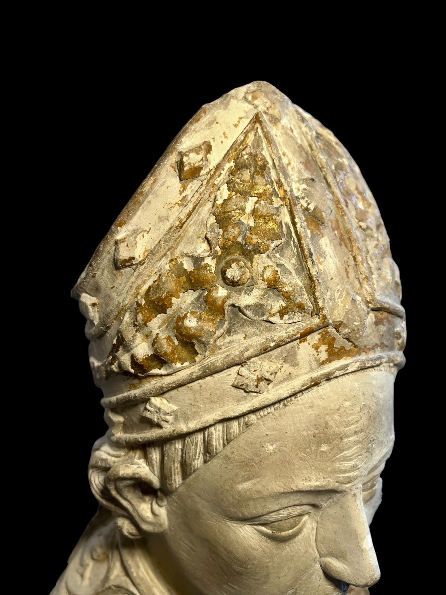 Francia (Champagne) - II metà del XIV sec. - Busto di Santo Vescovo in pietra calcarea-photo-7