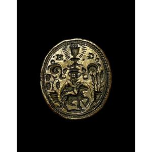 XVII secolo - Bronzo - Sigillo con Agnus Dei, Eucaristia e cornucopie con uva e grano