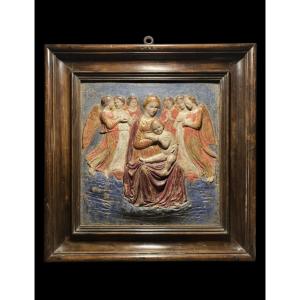  Bottega dei Della Robbia - Metà del XV sec. - Bassorilievo in stucco policromo e dorato 
