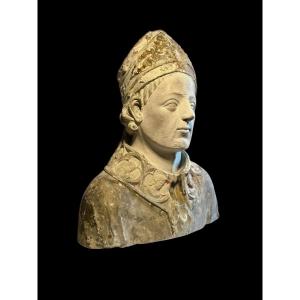 Francia (Champagne) - II metà del XIV sec. - Busto di Santo Vescovo in pietra calcarea