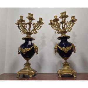Large Pair Of Ormolu And Porcelain Candelabra From The 18th Century