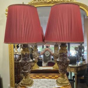 Pair Of Large Marble And Bronze Lamps