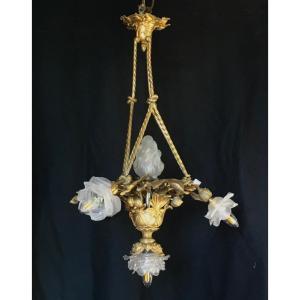 Art Nouveau Chandelier "aux Marronniers" Signed Soleau Paris