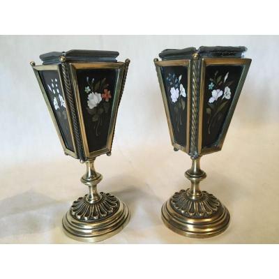 Pair Of Planters In Marquetry Marble.