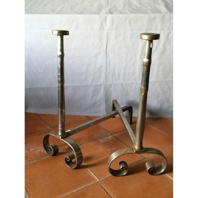 18th C Pair Of Chenets In Polished Iron 