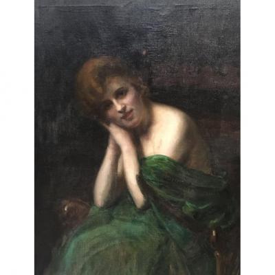 Large Oil Painting On Canvas Young Woman Art Nouveau Period