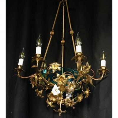 Chandelier 6 Arms With Flowers In Brass And Porcelain.