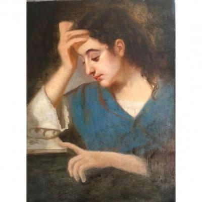 Oil On Canvas Of A Young Woman Reading