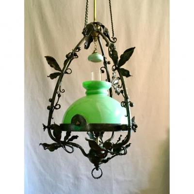 Art Nouveau Wrought Iron And Brass Pendant Light