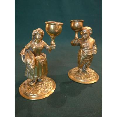 Pair Of Candlesticks With Characters Late Nineteenth.