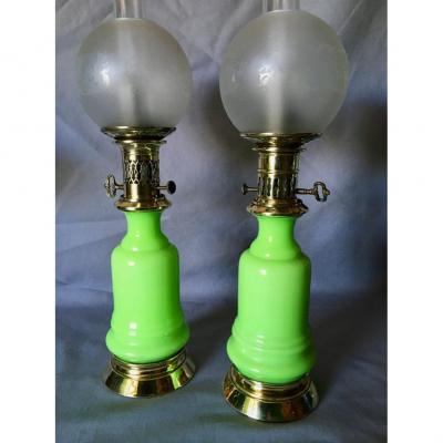 Pair Of 19th Century Opaline Moderator Oil Lamps