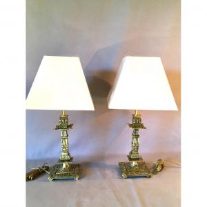 Pair Of Neo Renaissance Candlesticks Mounted In Lamp.