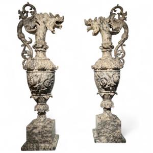 Pair Of Large Carved Alabaster Ewers - Italy, Late 19th Century