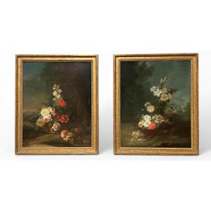 Pair Of Oils On Canvas - Floral Compositions In A Landscape In The Style Of Oudry