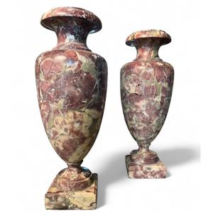 Pair Of Peach Blossom Marble Vases, Neoclassical Period, Late 18th Century