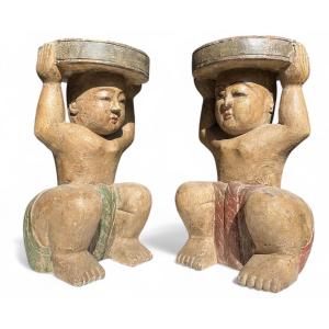 Pair Of Chinese Stools In Carved And Polychrome Wood, 19th Century