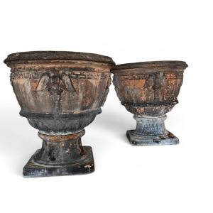 Pair Of Terracotta Basins Signed Antoinetti Siena, Italy 19th Century