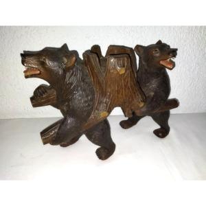 Carved Wooden Table Serving Set Bottle Holder "with Bears" In The Style Of The Black Forest