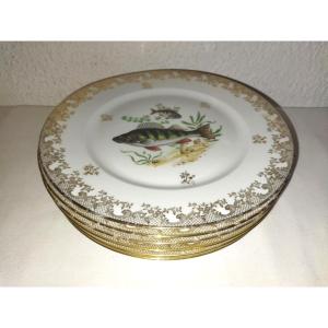 Giraud Limoges 6 Plates With Golden Rim And Fish Decor