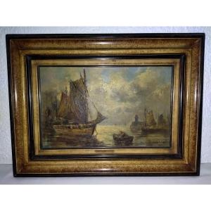 Lafon Paul-henri Oil On Panel "boats At The Port"