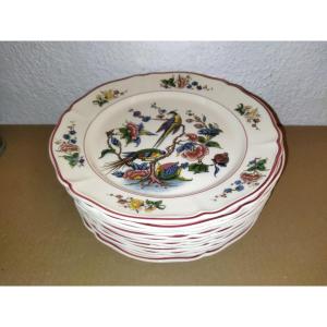 Villeroy & Boch 12 Flat Plates With Floral And Bird Decor