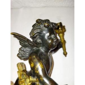 Cherub Putto Antique Chandelier Element In Patinated And Gilded Bronze