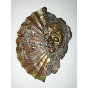 Japanese Copper Metal Face Man Theater Crane Decor