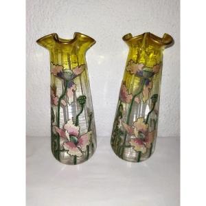 Legras Art Nouveau Antique Pair Of Enameled Floral Motif Vases Collection