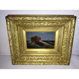 Old Oil On Panel Marine Fort And Its Sailboat