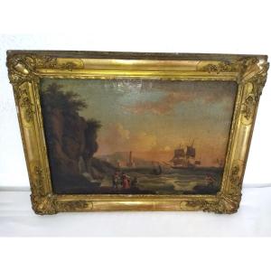 Oil On Canvas, Animated Port Scene. Follower Of Lacroix Of Marseille, 19th Century.