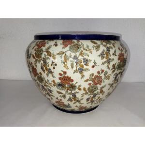 Sarreguemines Large Earthenware Flower Pot With Floral Motif 19th Century
