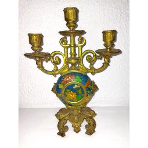 Napoleon III 3-light Bronze And Turquoise Glazed Earthenware Candlestick With Colorful Floral Motifs
