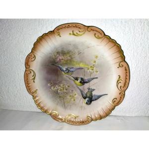 Large Decorative Dish With Animal And Floral Design "with Chickadees" With Scalloped Edge And Gilding