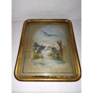 Old Drawing On Paper With Lake Decor "with Waders" 19th Century